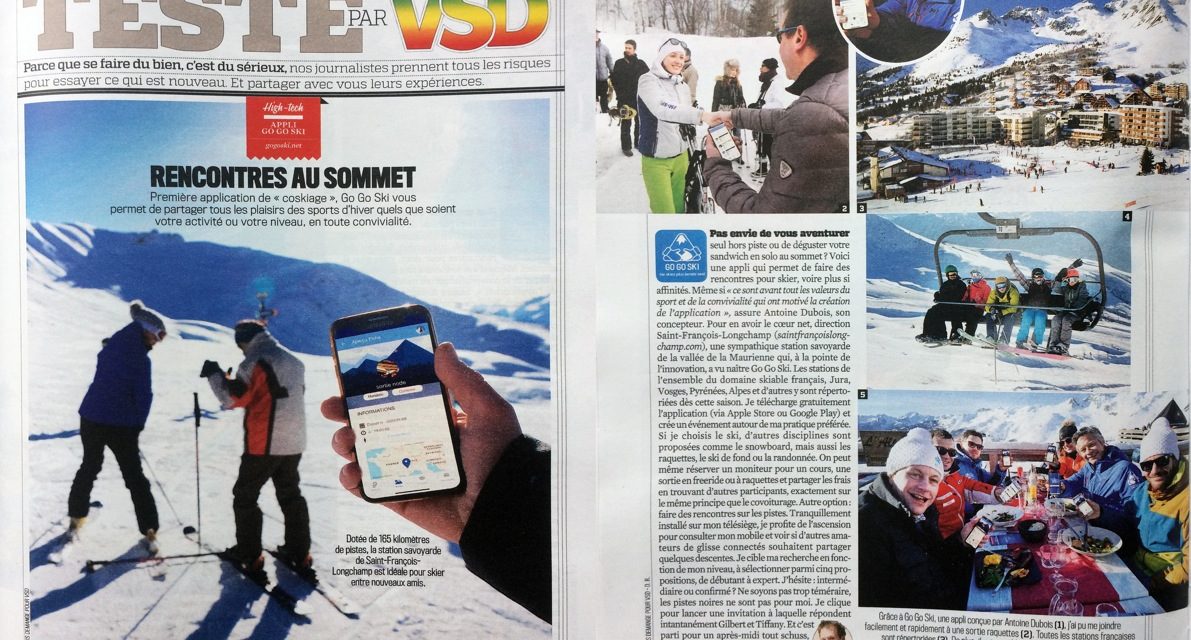 TESTÉ PAR VSD. Rencontres au sommet. (2 pages VSD N°2111 du 8 au 14/02/2018) L’application “GO GO SKI”…. on vous explique.