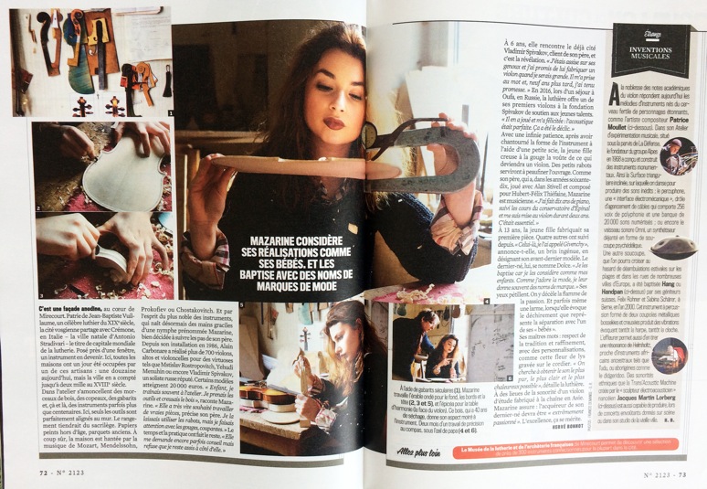“SON VIOLON D’INGRES” – Mazarine Carbonare est la plus jeune luthière du monde. Portrait  – Magazine VSD du 3 au 9 mai 2018 / N°2123